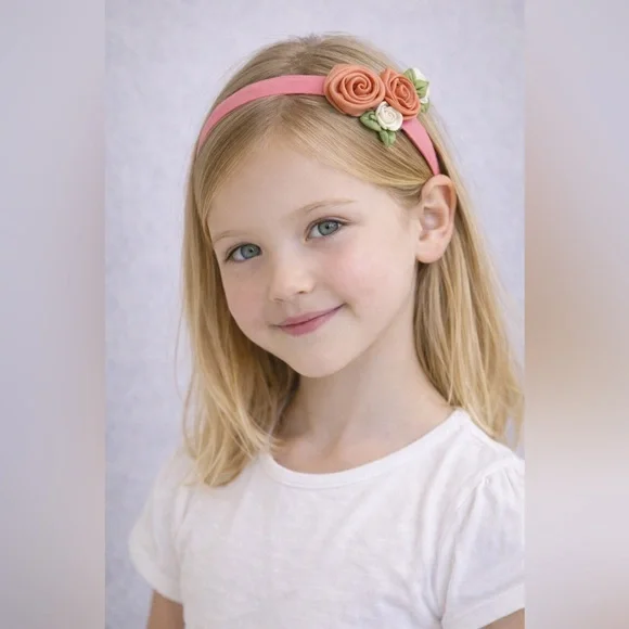 NEW Stunning Handmade Girls Headband Coral Peach Ivory Silk Flowers - Picture 3 of 5
